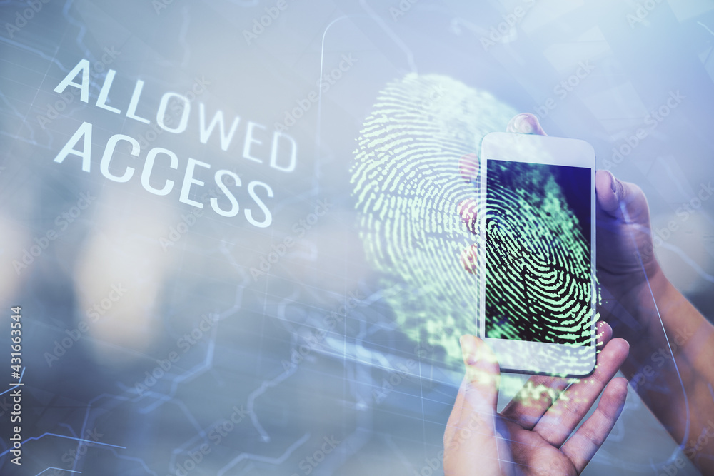 Poster double exposure of fingerprint hologram and woman holding and using a mobile device. security concep