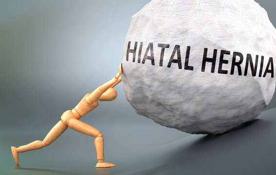 Hiatal hernia and painful human condition, pictured as a wooden human figure pushing heavy weight to show how hard it can be to deal with Hiatal hernia in human life, 3d illustration