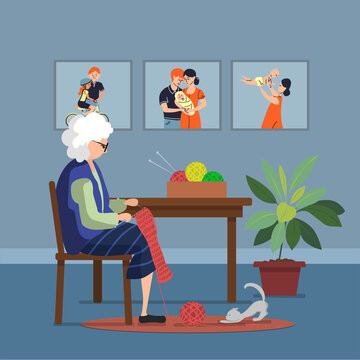 Old woman grandmother knits in a room with a white cat near a table over which family photos are displayed. Vector flat illustration.