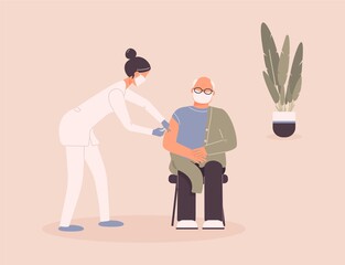 Coronavirus vaccination of patient by doctor.Older man in protective medical mask get virus grafting. Therapist hold syringe with dose of medicine.Nurse vaccinate pensioner.Raster