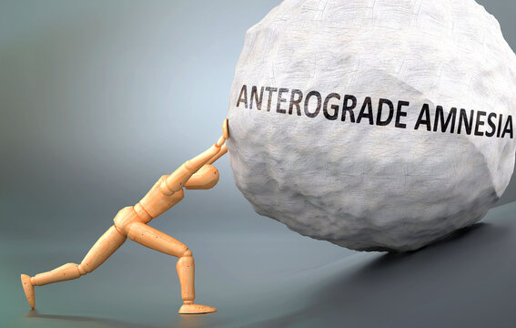 Anterograde amnesia and painful human condition, pictured as a wooden human figure pushing heavy weight to show how hard it can be to deal with Anterograde amnesia in human life, 3d illustration