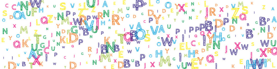 Falling letters of English language. Bright handdrawn flying words of Latin alphabet. Foreign languages study concept. Trending back to school banner on white background.