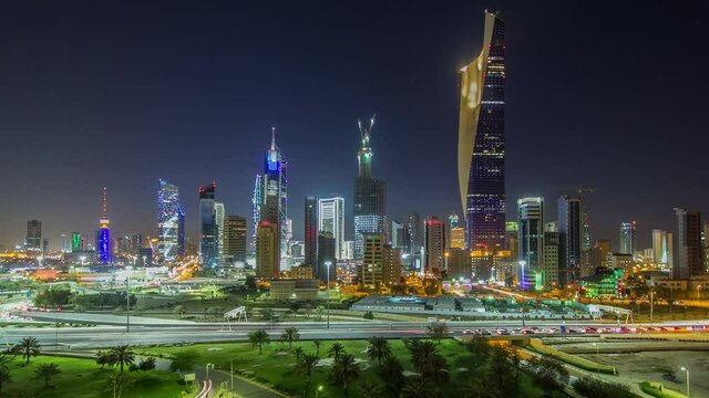 Skylines under the thick fog at the street timelapse of Abu Dhabi at morning