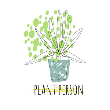 Minimalist boho illustration of quote Plant person with black line art potted house plant rhoeo and abstract shapes background. Stock vector.