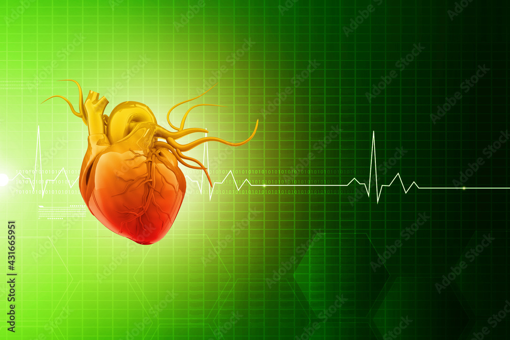 Sticker human heart anatomy with ecg background. 3d illustration