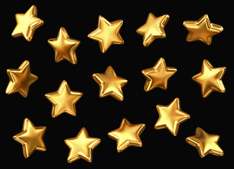 Set of gold stars isolated on black background