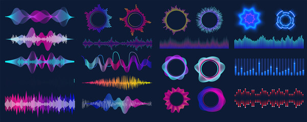 Colorful sound waves. Audio signal wave, color gradient music waveforms and digital studio equalizer vector set. Analog and digital audio signal.  High frequency radio wave. Vector illustration