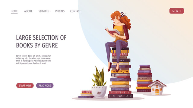 Woman sitting on the stack of books and reading. Bookstore, bookshop, library, book lover, bibliophile, education concept. Vector illustration for poster, banner, website, advertising.