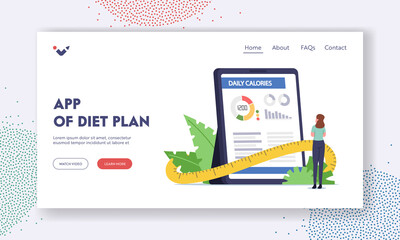 Diet Plan App Landing Page Template. Tiny Female Character Stand at Huge Tablet with Application for Counting Calories