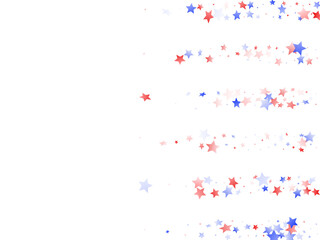 Flying red blue white star sparkles on white vector american patriotic background.