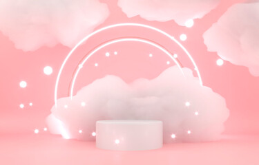 Delicate fluffy clouds frame, pedestal white soapy foam. 3d render illustration. Space for brand promotion product. Creative pink background for advertising presentation. 