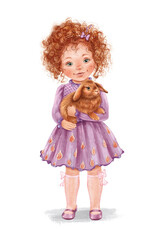 Cute little girl with a baby ginger rabbit in her arms. Hand-painted lovely baby with curly red hair in a beautiful lilac dress on white background. Baby girl theme. Ideal for printing, posters, card.