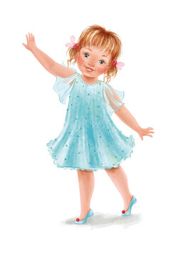 Cute smiling little girl in a beautiful blue dress on a white background. Hand-painted lovely baby with red hair. Nice illustration for t-shirts, posters, birthday. Ideal for printing and card making.