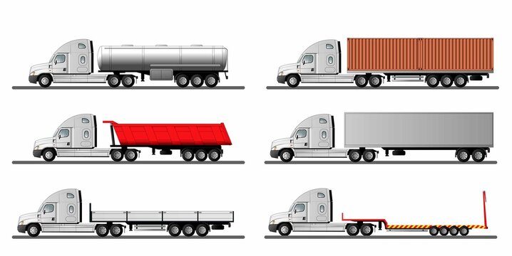 Set of images of a modern American truck with different variants of semi-trailers isolated on a white