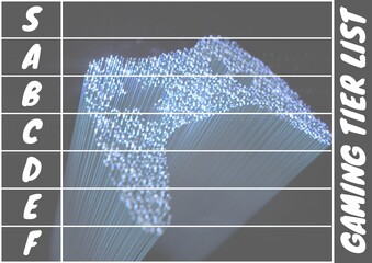 Composition of gaming tier list text and tier grid in white with gaming pad on grey background