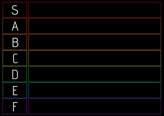 Composition of tier list with white letters and colourful line grid on black background
