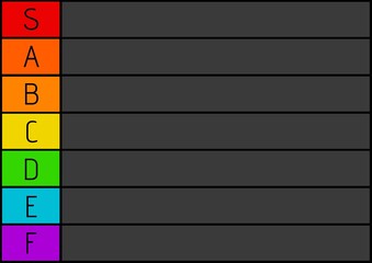Composition of colourful tier list with black letters and black grid and background