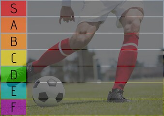 Composition of coloured tier list and grid over soccer player in action kicking ball