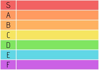 Composition of colourful tier list with black letters and white grid