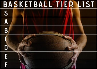 Composition of basketball tier list text and tier grid over player holding ball on black