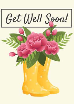 Composition of get well soon message and pink flowers in orange wellington boots on cream background