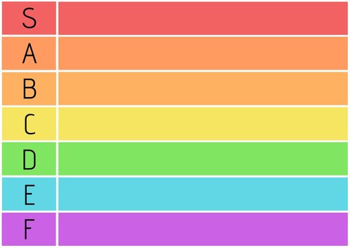 Composition of colourful tier list with black letters and white grid