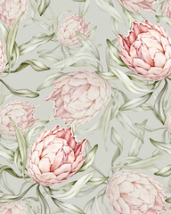 Seamless pattern with tropical protea flower in pastel colors