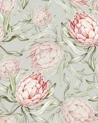 Tapeten Pastell Nahtloses Muster mit tropischer Protea-Blume in Pastellfarben