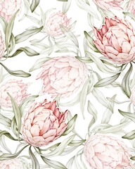 Seamless pattern with tropical protea flower in pastel colors - obrazy, fototapety, plakaty