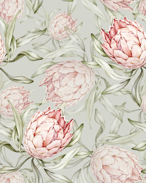 Seamless pattern with tropical protea flower in pastel colors