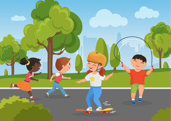 Children play in city park, healthy summer activity in nature vector illustration. Cartoon boy character playing jumping rope, girl child riding skateboard, kids run fun, happy childhood background