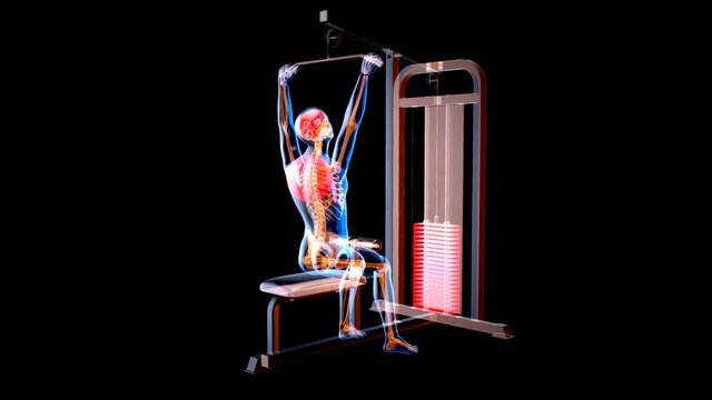 Abstract 3D art of a man on the Lat pulldown machine