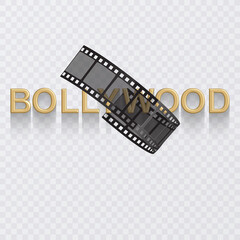 Fototapeta na wymiar Cinema poster design template. 3d golden text of Bollywood decorated with filmstrip on white background