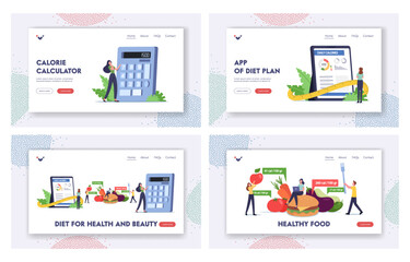 Fototapeta na wymiar Mobile App Calculator for Nutrition and Dieting Landing Page Template Set. Characters Counting Calories Use Application