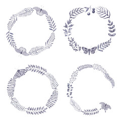 Watercolor set of wreaths with herbs and moths. Floral round frames.