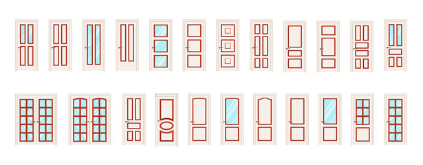 Entrance doors and Interior doors in beige. Big collection of vector doors.