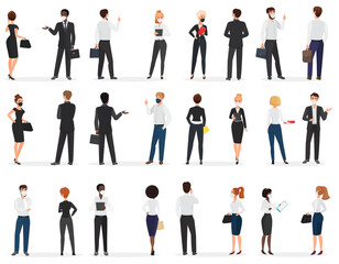 Business people conversation at pandemic cartoon vector illustration set. White and black men and women in mask, in formal suit discuss talking at distance to protect from coronavirus infection