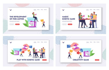 Fototapeta na wymiar Amusement Spare Time Landing Page Template Set. Family Characters Parents and Kids Playing with Kinetic Magic Sand