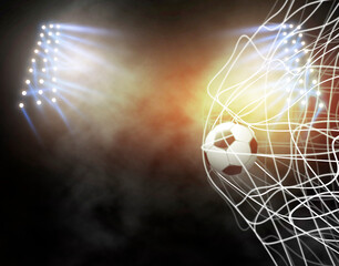 football. Soccer ball in goal on stadium light background. 3d rendering