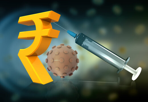 Rupee symbol with Coronavirus  vaccine. 3d illustration