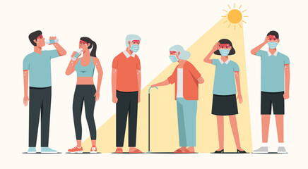 Fototapeta premium Group of people characters standing together in sunny weather in summer and having heatstroke symptoms, vector flat illustration