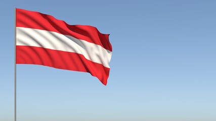 Fototapeta na wymiar National red and white flag of Austria waving in the wind against the background of the sky. Flag day. 3D rendering illustration. 4k. Place for your text.