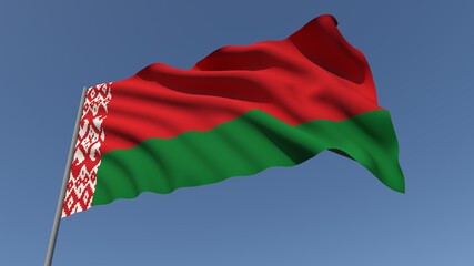 The flag of the Republic of Belarus waving in the wind against the background of the sky. Flag day. 3D rendering illustration. 4k. Place for your text.
