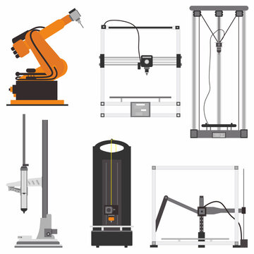 Modern flat icons set of 3D printer with different type such as cartesian 3D printer, Delta 3D Printer, polar printer, scara printer etc. 3D modeling and scanning technology in cartoon style. Vector