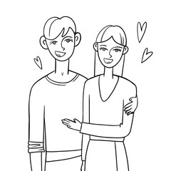 Smiling couple of young people - a guy and a girl hug each other. Hearts around. Linear illustration.