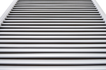 Obraz premium Stylish light wooden blinds in light gray color made of thin plain planks and boards in contemporary carpentry workshop as background close view