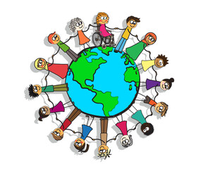 Various children and planet Earth on a white background. Cartoon. Illustration.