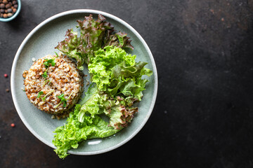buckwheat salad green mix salad lettuce diet vegan or vegetarian food meal snack copy space food background rustic. top view