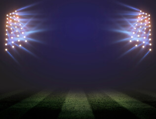 soccer stadium with illumination, green grass and night sky. 3d rendering