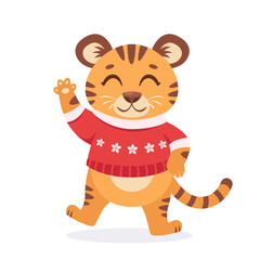 Cute tiger in a sweater wishes a Merry Christmas and Happy New Year 2022. Year of the tiger. Vector illustration